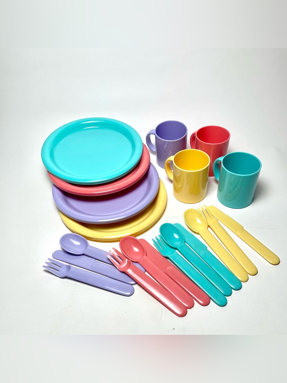 Vintage 1980s MCM Pastel Melamine Dinnerware set picnic bundle 20 piece
